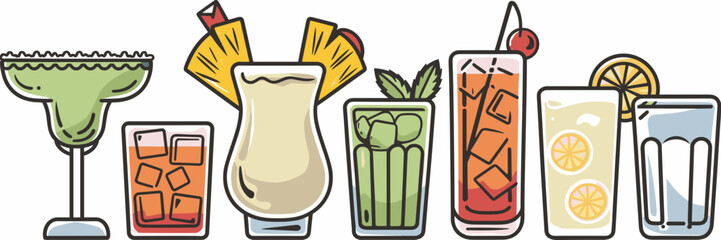 Vector sheet icon of various summer drinks including margarita, pina colada, mojito, iced tea, lemonade, and water