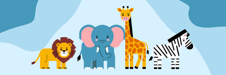 Naklejka premium Vector sheet icon illustration of safari animals standing in a row including a lion, elephant, giraffe, and zebra