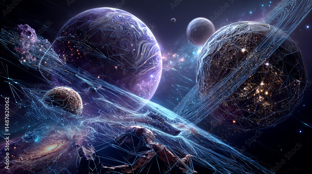 Aufkleber space scene with planets, meteorite and galaxies form lines, triangles and particle style design