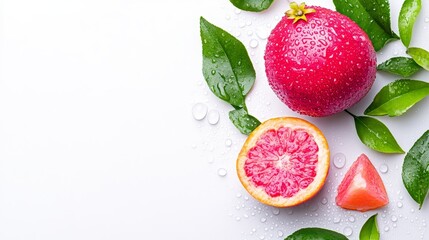Naklejka premium Pink Grapefruit and Leaves with Water Droplets - Juicy pink grapefruit slices and whole fruit, adorned with fresh green leaves and water droplets, symbolizing freshness, health, vitality