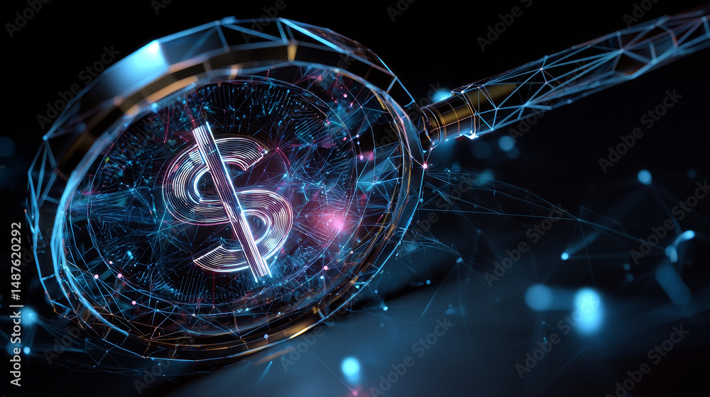 Poster magnifier with money icon form lines, triangles and particle style design. illustration vector