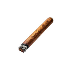 Closeup of a partially smoked brown cigar isolated ash on transparent background