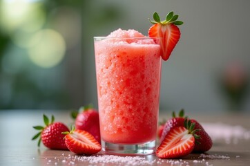 A refreshing strawberry smoothie with a fresh strawberry on top