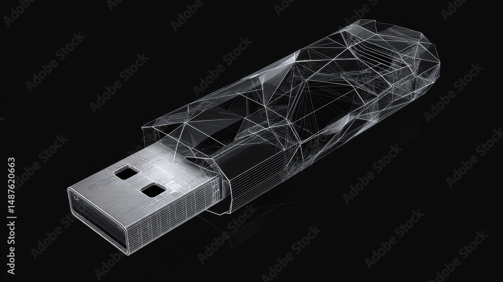 Poster usb flash drive icon from lines, triangles and particle style design. illustration vector