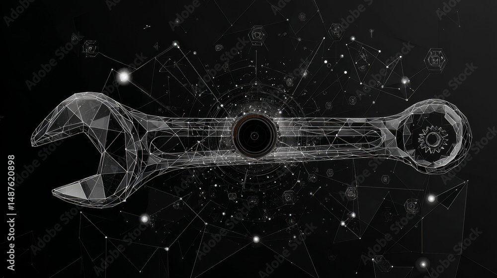 Poster hand wrench and service icon from lines, triangles and particle style design. illustration vector