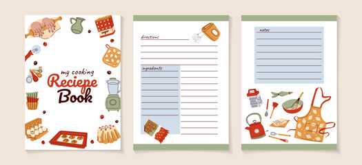 Recipe card for banner design. Food retro background with bakery elements Cake with various baking utensils. Cooking school and classes placard, culinary education lesson