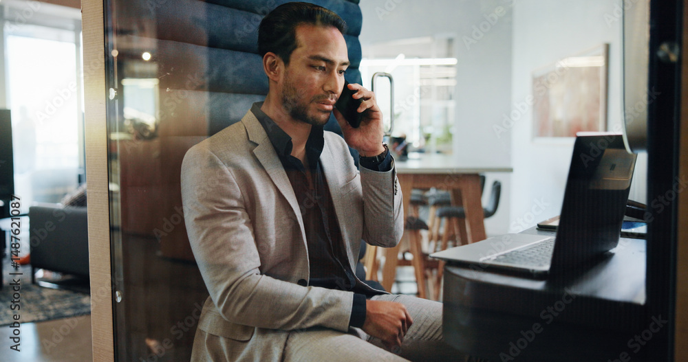 Poster laptop, phone call and planning with business man in pod for communication or update. computer, conv