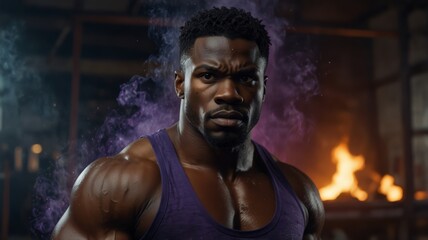 Fototapeta premium Powerful portrait of a muscular man with intense expression in a dark industrial setting