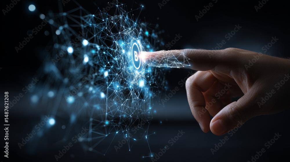 Poster finger touching power button from lines, triangles and particle style design. illustration vector