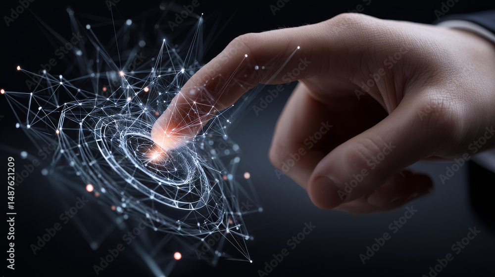 Poster finger touching power button from lines, triangles and particle style design. illustration vector
