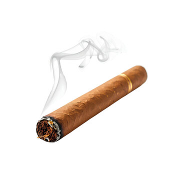 Smoking brown cigar with white smoke trail on black on transparent background