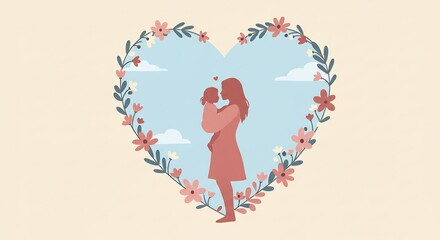 Fototapeta premium Woman Holding Child Within Floral Heart Frame