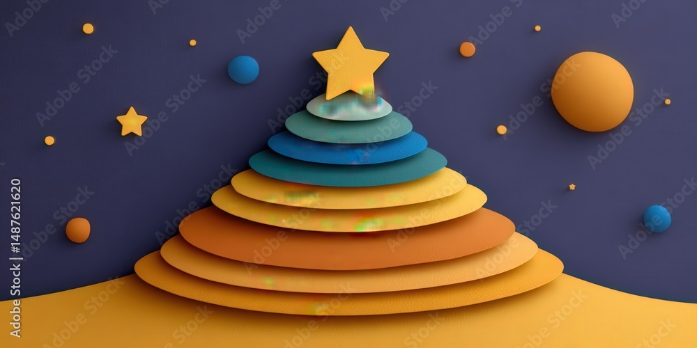 Poster a layered abstract design featuring a vibrant tree shape in warm colors accented by colorful spheres