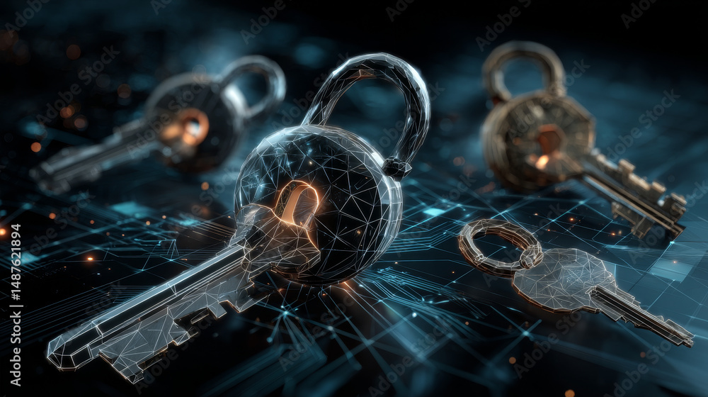 Poster data protection cyber security privacy. technology security. key with padlocks on binary digits back