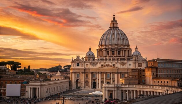 Vatican City. Holy See. Dome of St. Peters Basil cathedral at Saint peters Square. Evening sunset. Rome, Italy. 