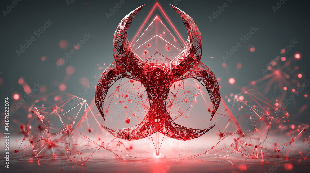 Poster biohazard icon form lines, triangles and particle style design. illustration vector