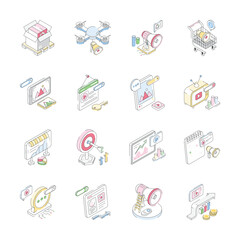 Visually engaging set showing marketing plans isometric icons
