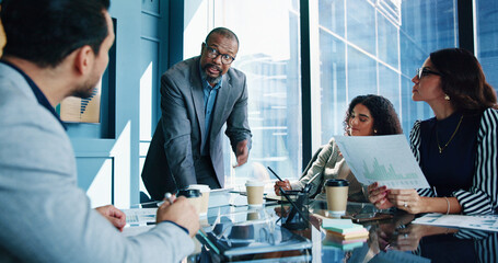 Meeting, manager and business people in office for financial consulting, budget review and...