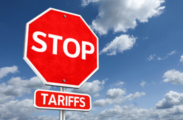 Red traffic stop sign with the message Stop Tariffs