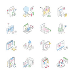 Handy bundle of isometric outline icons depicting digital advertising concepts