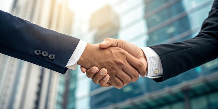 Close-up of two business professionals shaking hands outdoors in front of a modern office building, symbolizing successful partnership, corporate agreement, mutual trust, and professional collaboratio