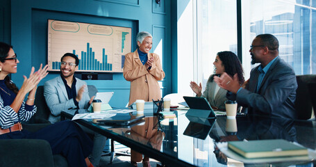 Applause, presentation and business people in meeting, graphs and profit growth. Speaker, group and...