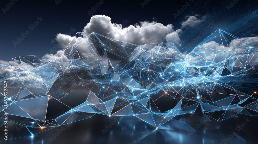 Poster low polygonal wireframe style cloud data computing technology. cloud network connection. vector illu