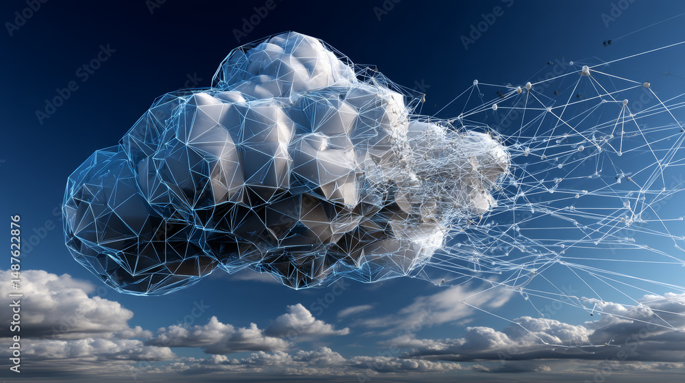 Poster low polygonal wireframe style cloud data computing technology. cloud network connection. vector illu