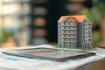 Real estate investment concept with a modern apartment building model placed next to a digital tablet displaying colorful financial graphs and charts