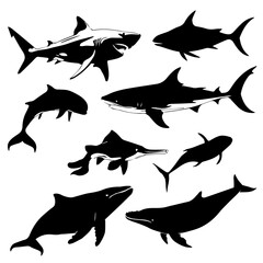 A collection of black marine animal silhouettes on a white background, featuring sharks, whales, crabs, octopus, starfish, fish, and other sea creatures in various poses.
