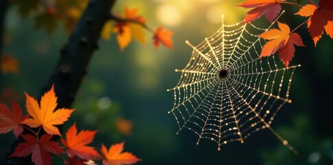 Intricate spiderweb, dew-kissed threads, autumn leaves , fractal, contrast