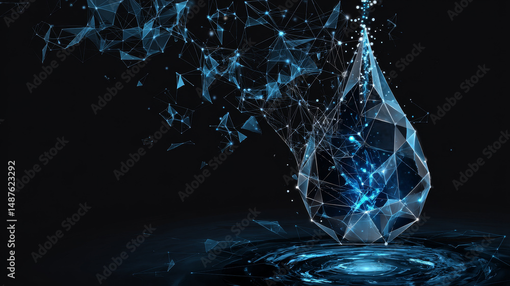 Poster water drop with recycle symbol from lines, triangles and particle style design. ecology concept