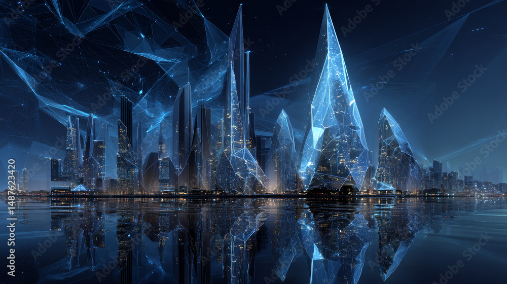 Poster smart, futuristic city forms lines and triangles point connecting networks on blue background. illus