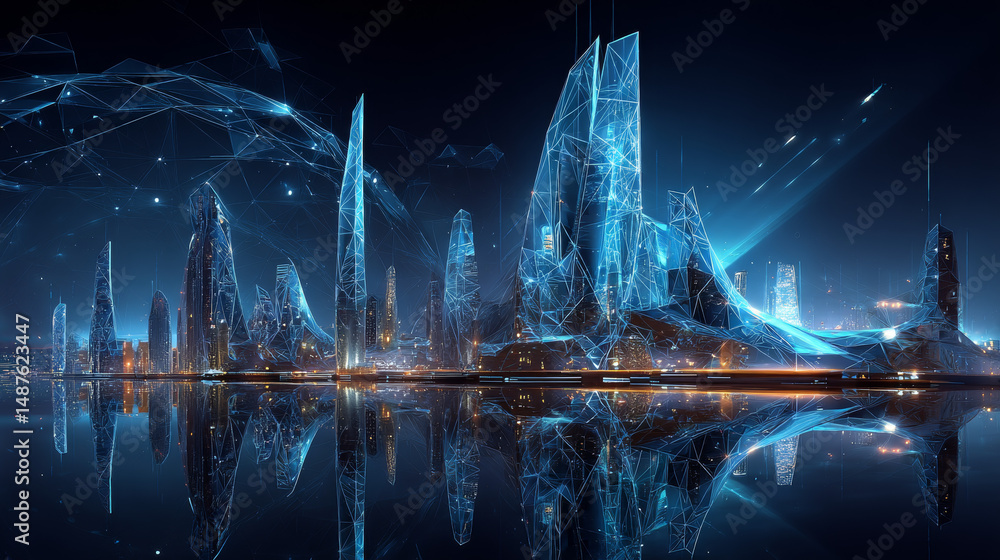 Poster smart, futuristic city forms lines and triangles point connecting networks on blue background. illus