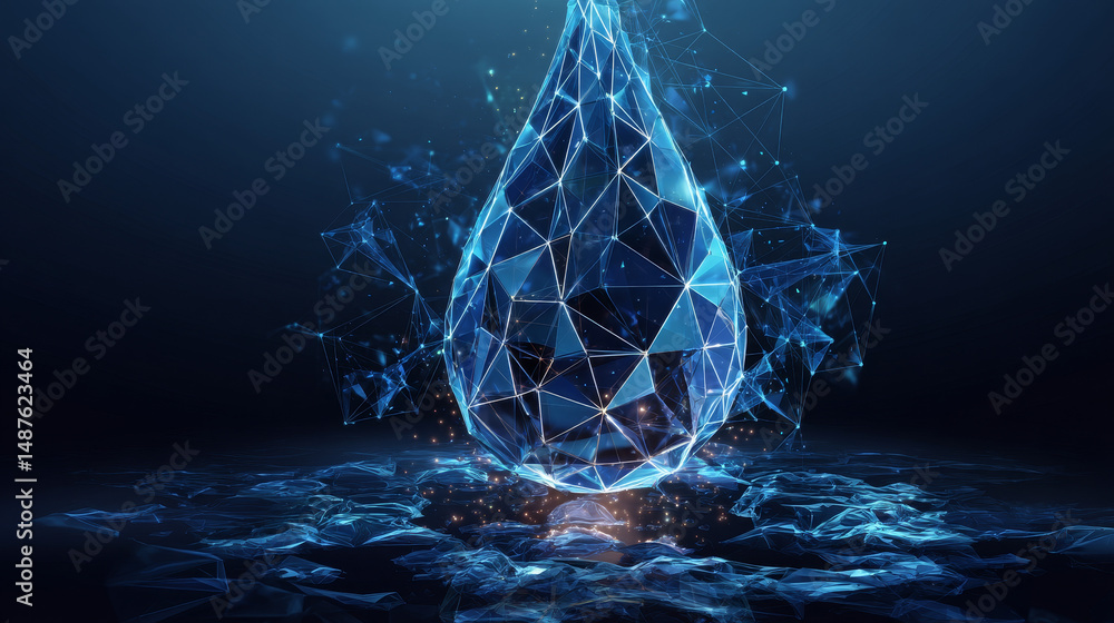 Poster water drop with recycle symbol from lines, triangles and particle style design. ecology concept