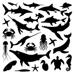 A collection of black marine animal silhouettes on a white background, featuring sharks, whales, crabs, octopus, starfish, fish, and other sea creatures in various poses.