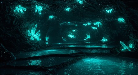 Mystical cave with glowing crystals