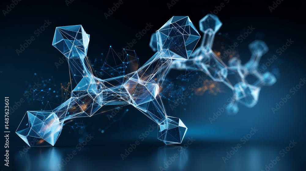 Poster molecule structure icon form lines and triangles, point connecting network on blue background. illus