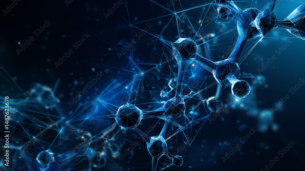 Poster molecule structure icon form lines and triangles, point connecting network on blue background. illus