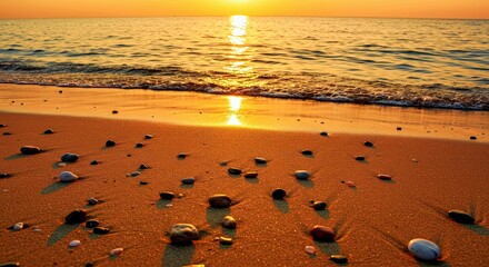 Vibrant Assortment of Colorful Smooth Pebbles Scattered on Sandy Beach During a Golden Sunset Glow Seashore Detail