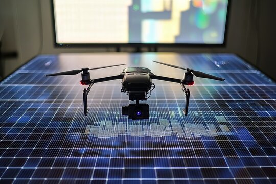 Fixed-wing UAV autopilot trajectory over photovoltaic array with shadow patterns revealing panel defects and telemetry data overlay on ground control monitors
