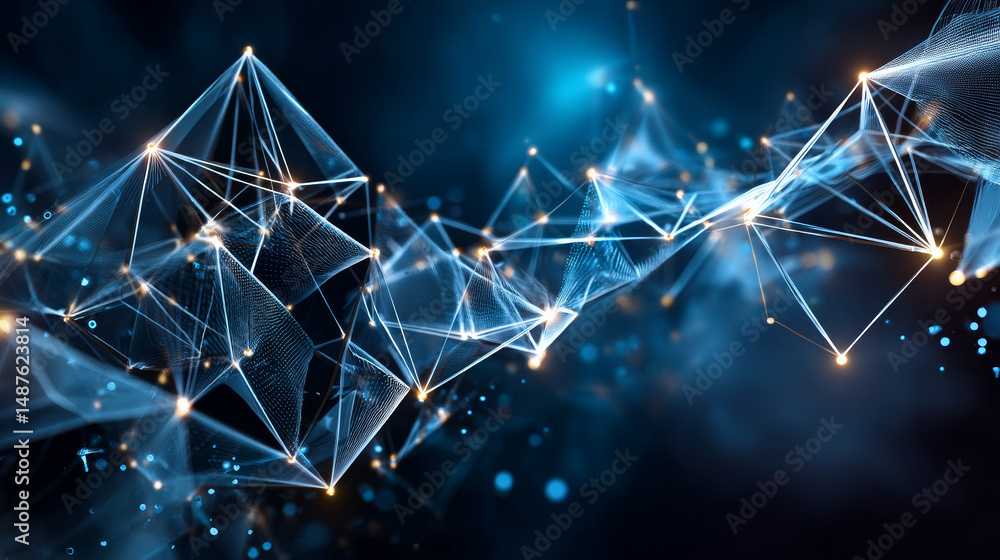 Poster lan cable network connection icon form lines and triangles, point connecting network on blue backgro
