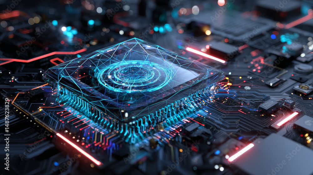 Poster abstract cpu circuit board technology background. futuristic computer microchip processor. illustrat