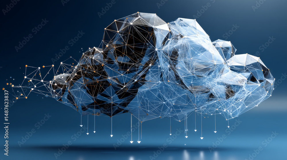 Poster cloud security icon form lines and triangles, point connecting network on blue background. illustrat