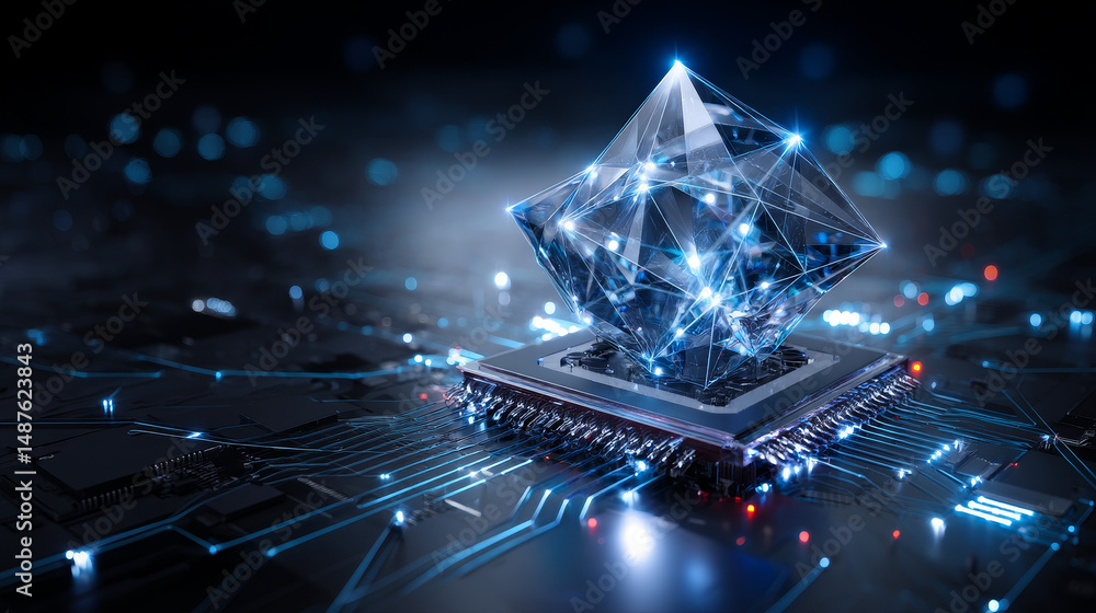 Poster abstract futuristic 3d render of an ai processor chip with a glowing blue circuit board and digital 