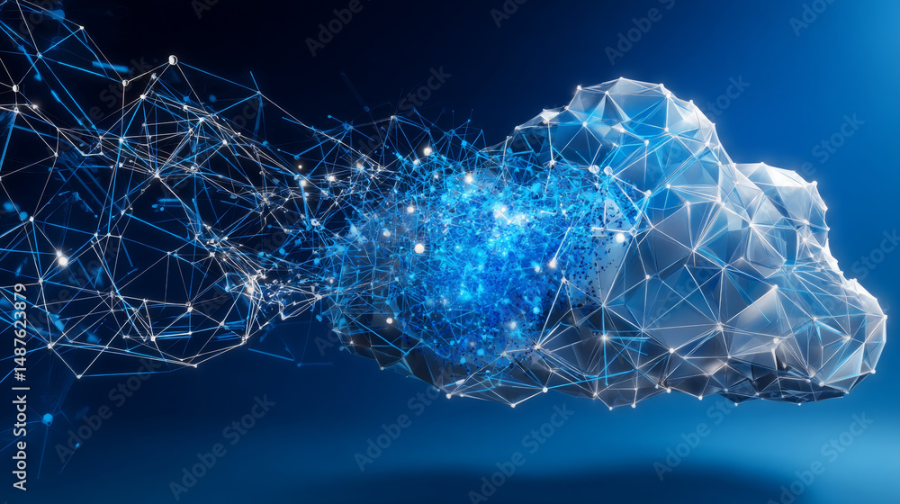 Poster cloud security icon form lines and triangles, point connecting network on blue background. illustrat