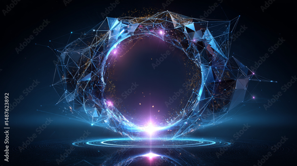 Poster abstract geometric shape floating around circle light and technology futuristic concept. 3d vector i