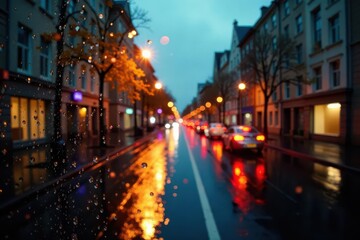 Rain-streaked window, autumn city lights blur, black, lights