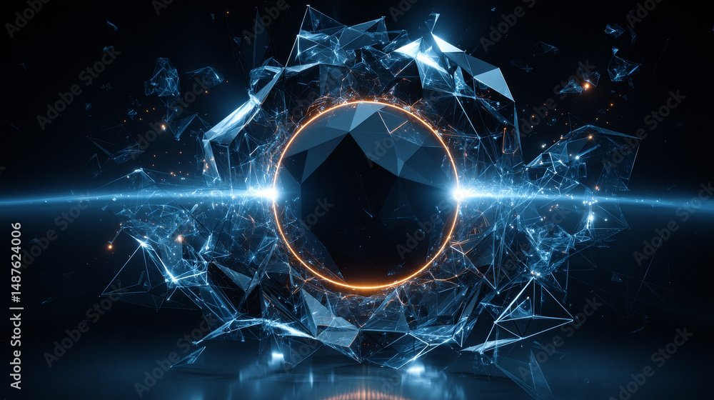 Aufkleber abstract geometric shape floating around circle light and technology futuristic concept. 3d vector i