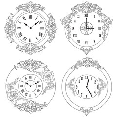Vintage clock coloring page in black and white. Hand-drawn retro clock illustration for adults and kids. Perfect for coloring books and time-themed designs.
